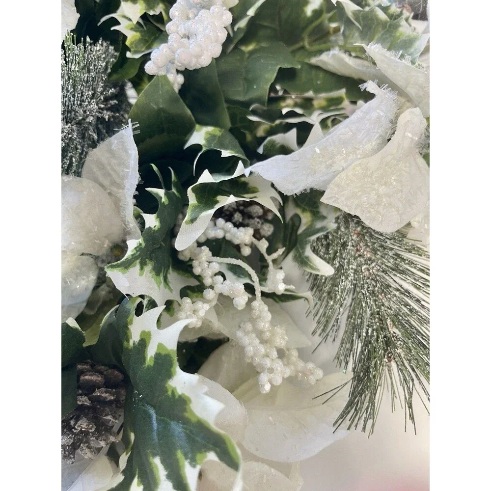 Lot of 3 White Artificial Poinsettias, Snowy pine and Sliver Ornaments